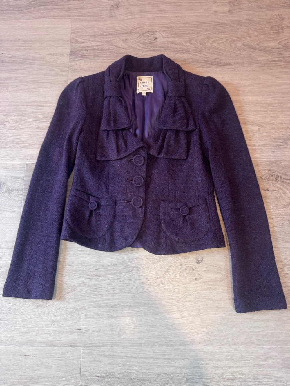 Nanette Lepore Purple Sweater Blazer Jacket Ruffle Collar Cropped Size S